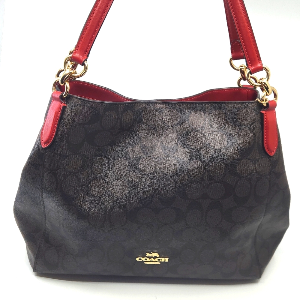 Coach Brown Signature Canvas Shoulder Bag with Red Trim - Picture 2 of 11